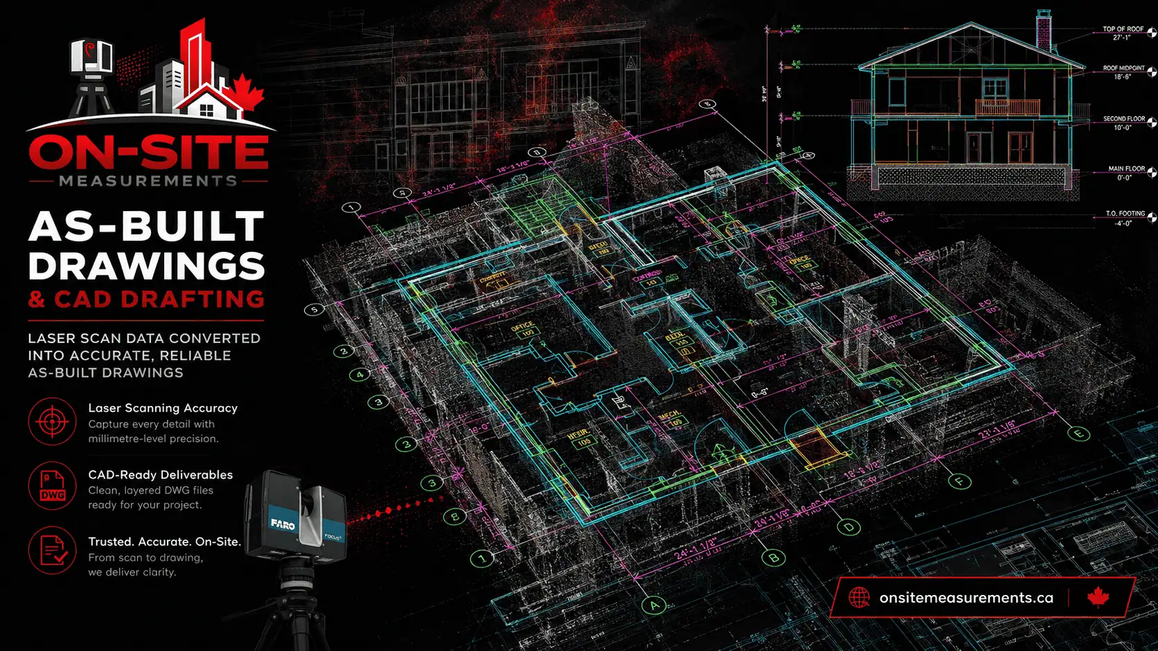 Measured as-built floor plan alongside the point cloud reference on screen